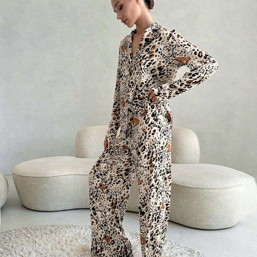 Leopard Print Floral Cardigan Pajamas Women