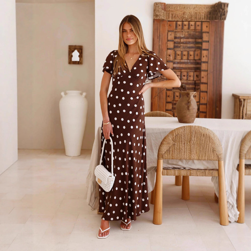 Womens Peplum Dress With Polka-Dot Print And Flared Sleeves