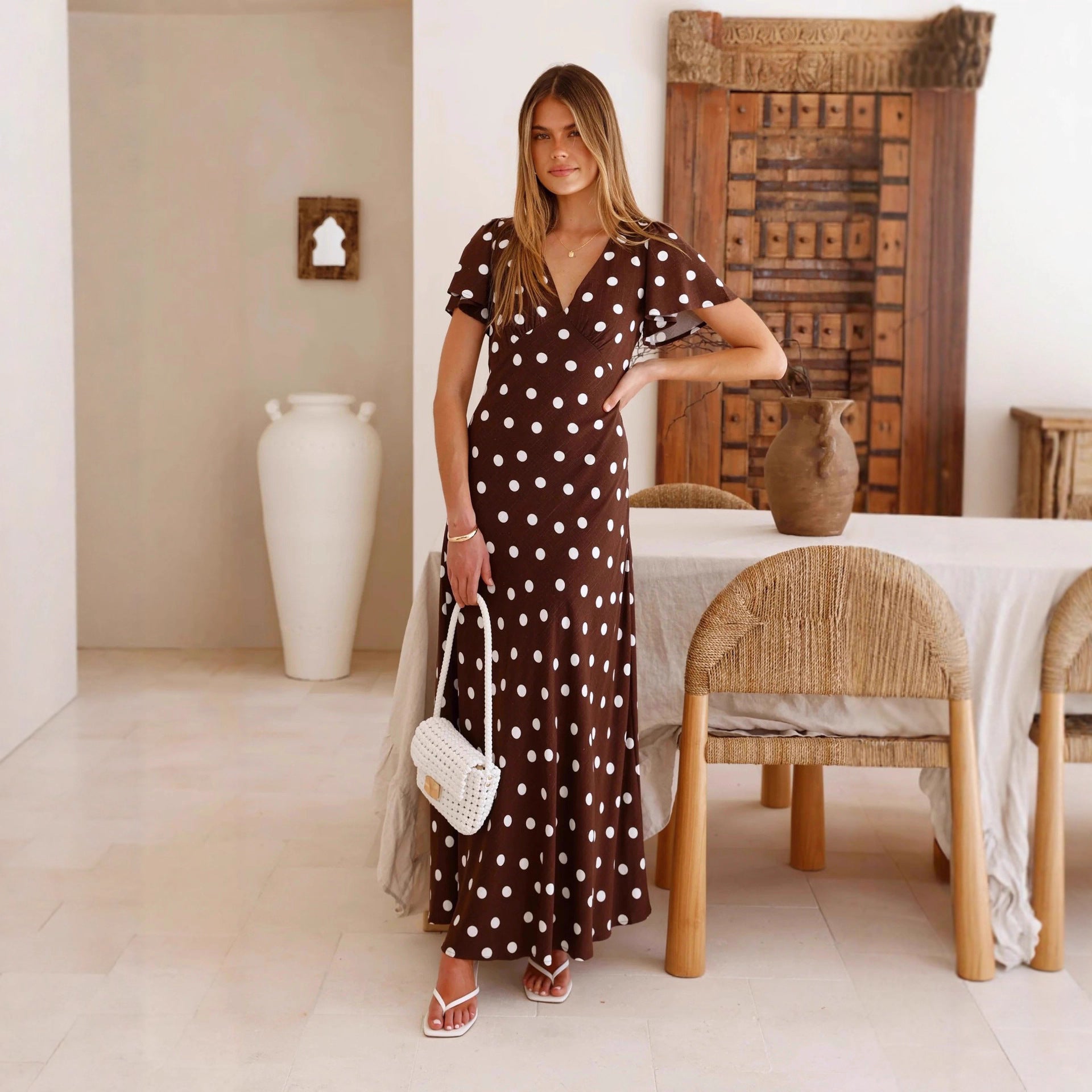 Womens Peplum Dress With Polka-Dot Print And Flared Sleeves