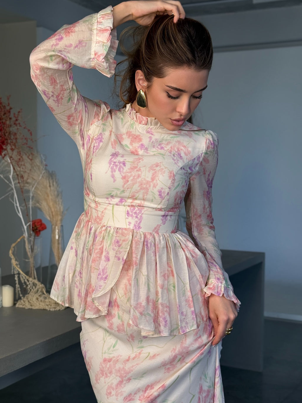 Floral Print Ruffle Top & High Waist Fishtail Skirt Set