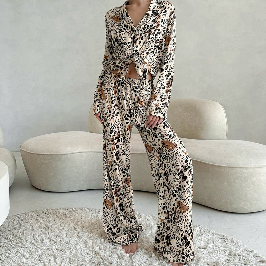 Leopard Print Floral Cardigan Pajamas Women
