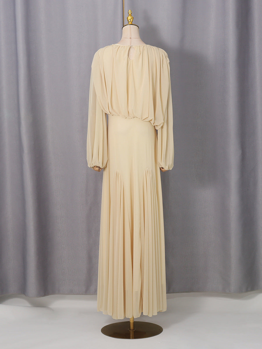 Pleated Waist-cinching Long Dress