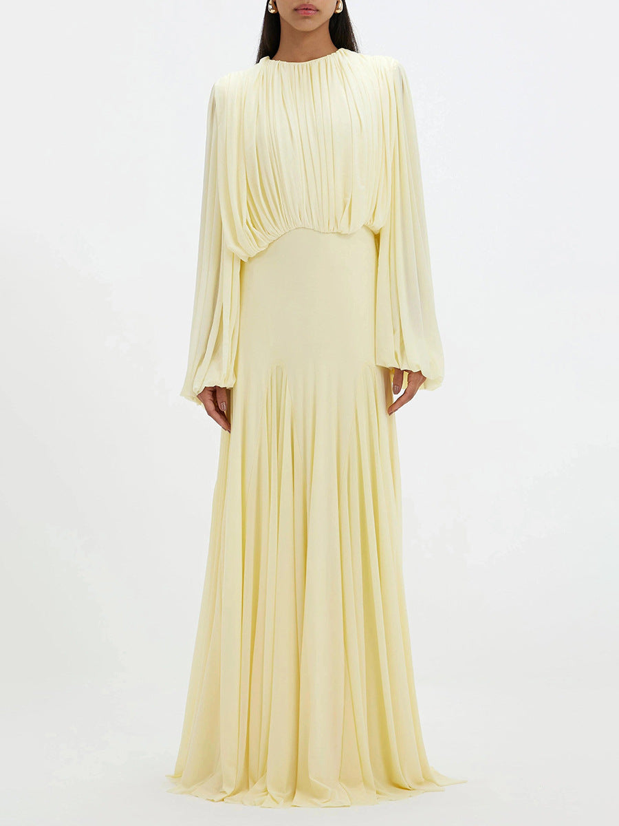 Pleated Waist-cinching Long Dress