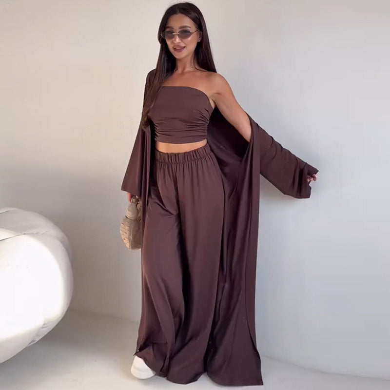 Casual Mid-calf Top Vest Long Cardigan Wide-leg Pants
