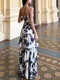 Strapless Printed Ruffle Maxi Dress