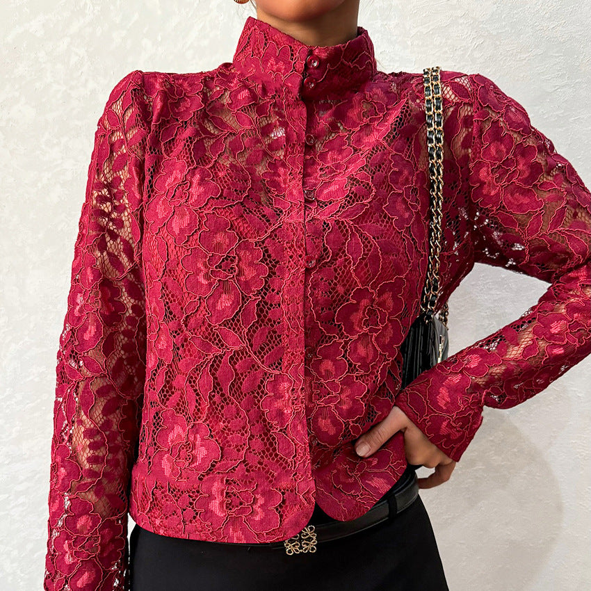 Lace Blouse Cardigan-style Stand-up Collar