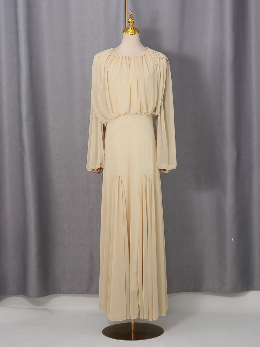 Pleated Waist-cinching Long Dress