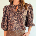 Brown Leopard Bow Tie Puff Sleeve Blouse