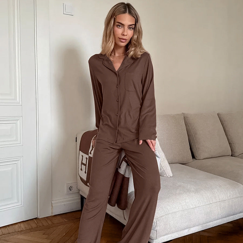 Knitted Pajama Set Long-sleeve Top And Long Pants In Brown