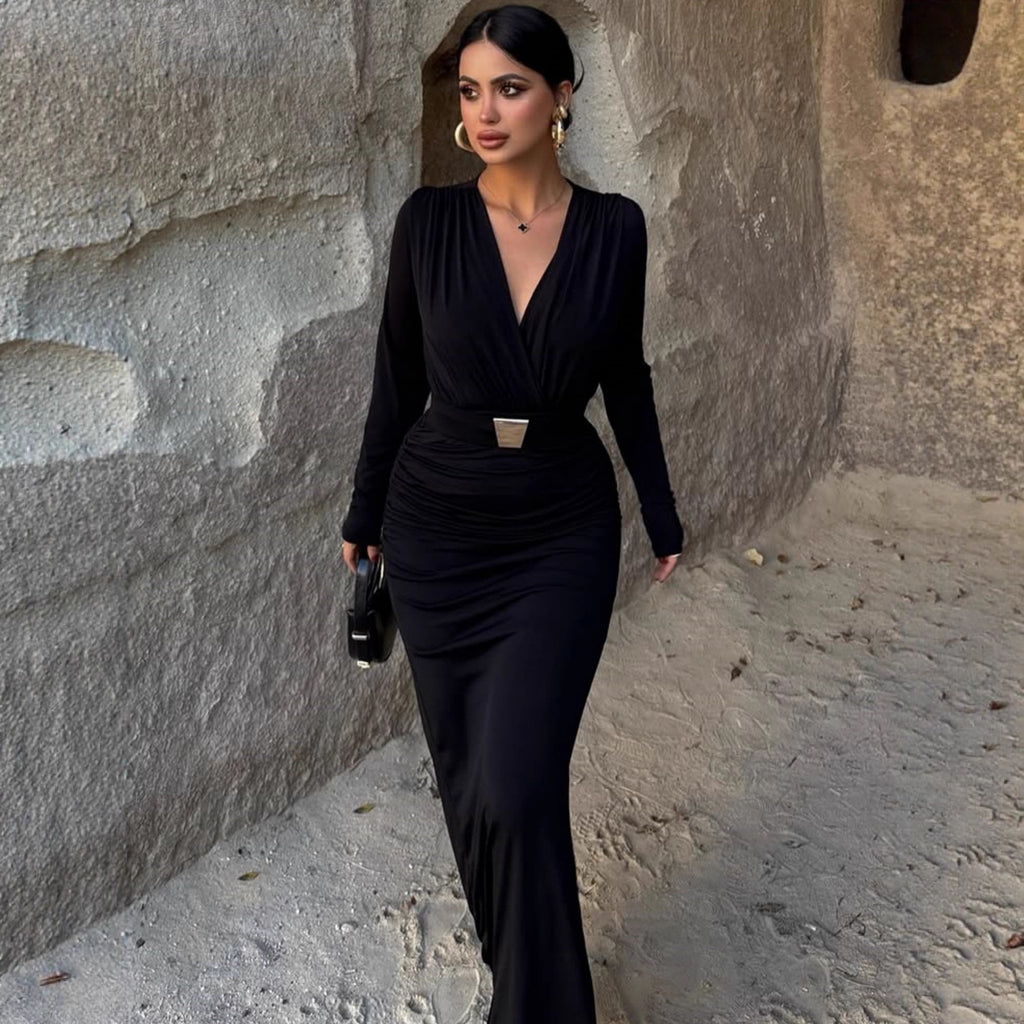 Embellished Belt Deep-V  Autumn Dress