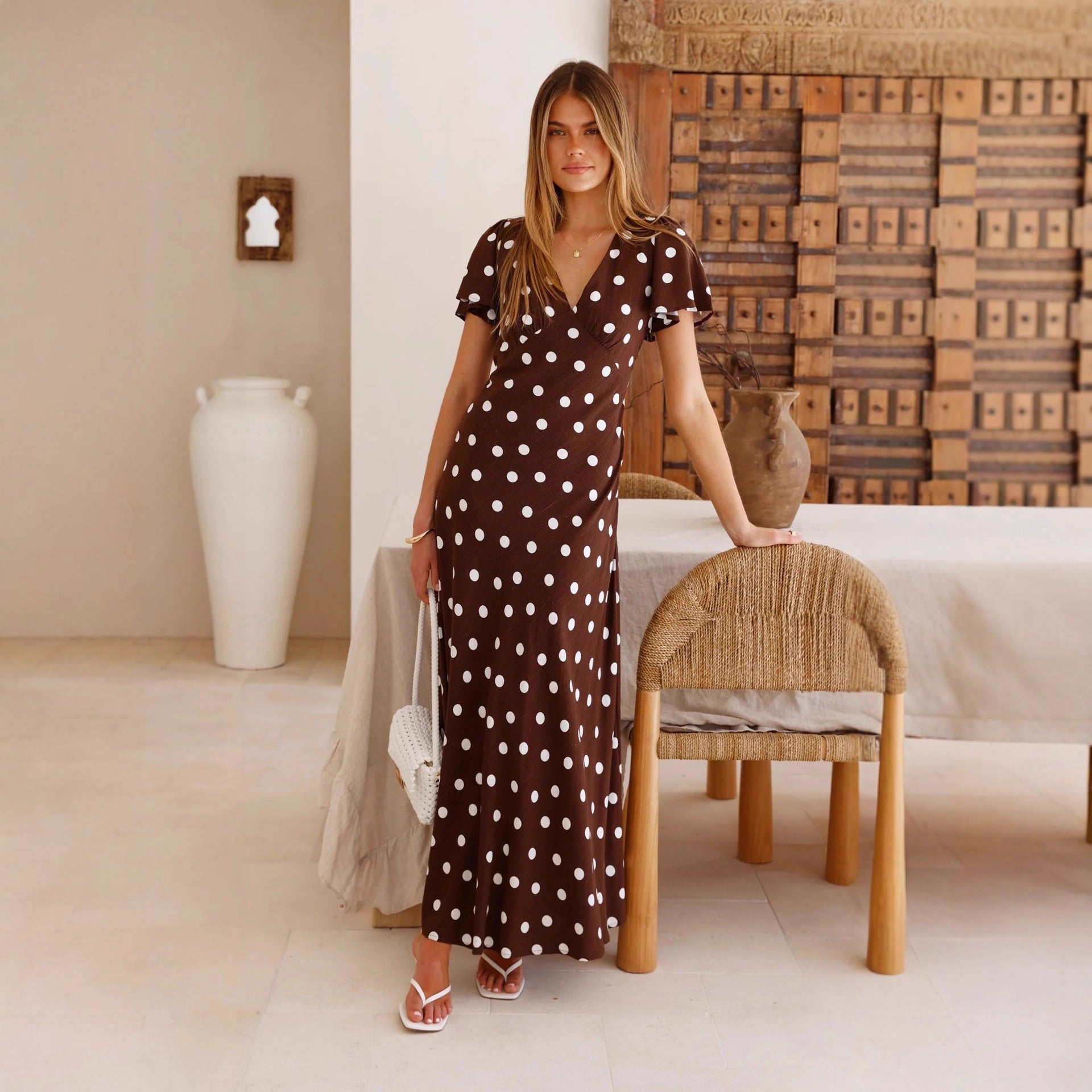 Womens Peplum Dress With Polka-Dot Print And Flared Sleeves