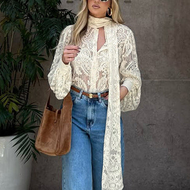 French Ribbon Sheer Lace Blouse