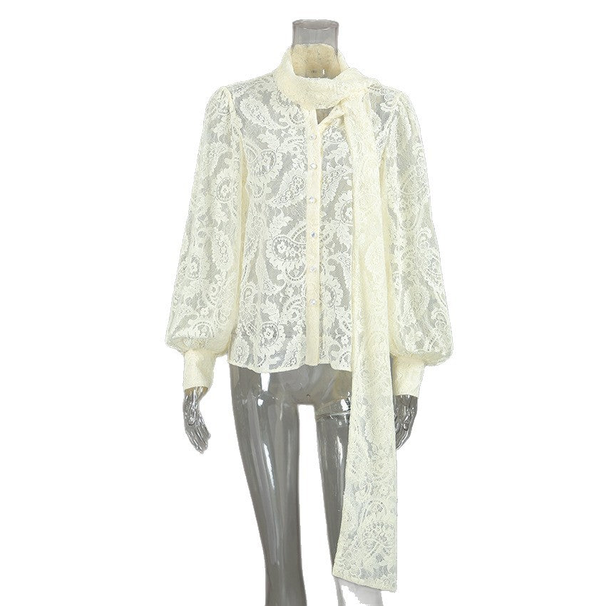 French Ribbon Sheer Lace Blouse