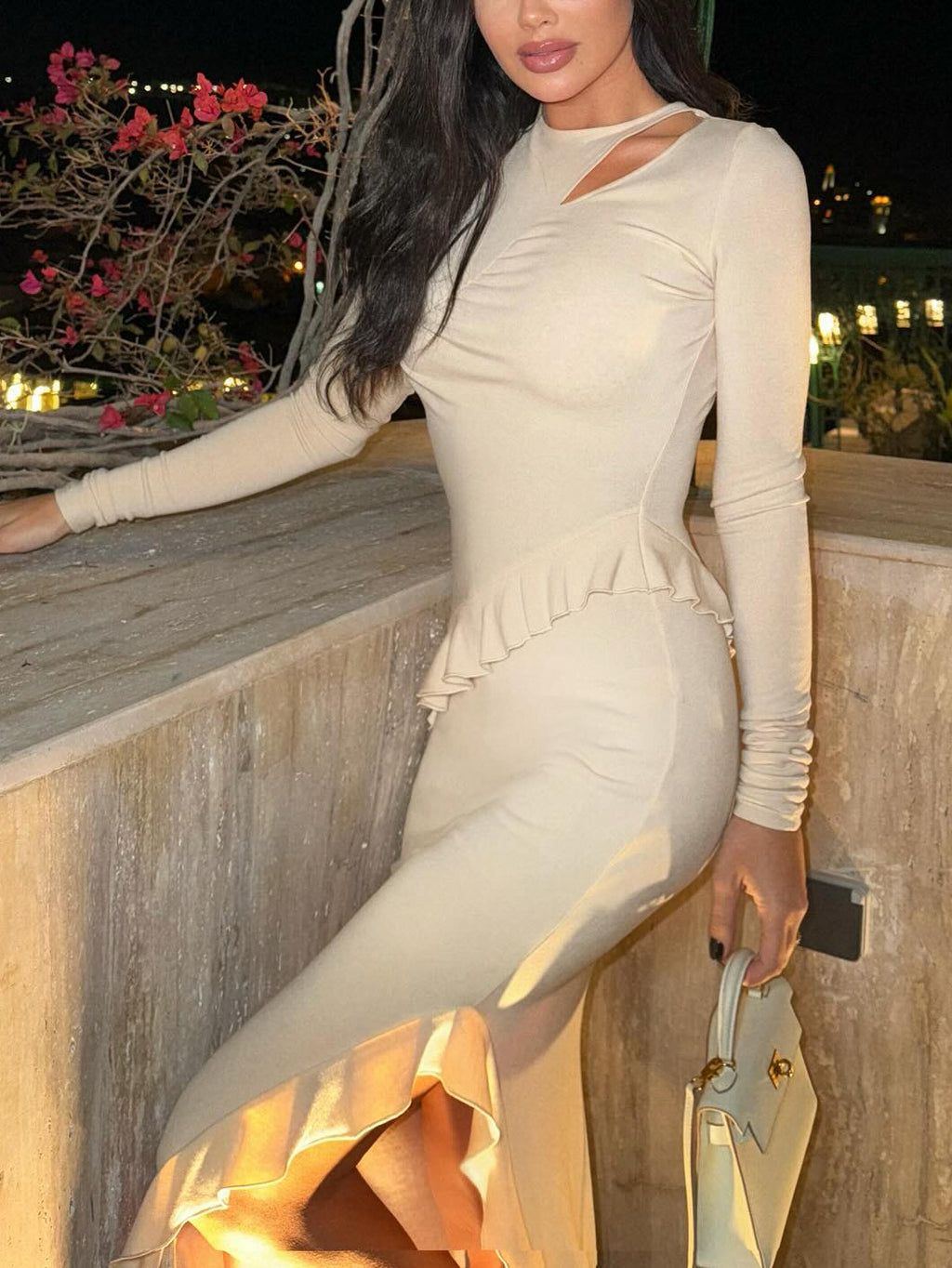 Long Ruffled Cutout Dress
