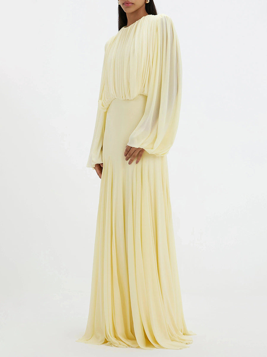 Pleated Waist-cinching Long Dress