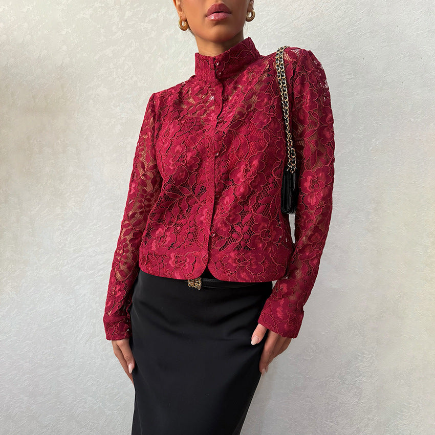 Lace Blouse Cardigan-style Stand-up Collar