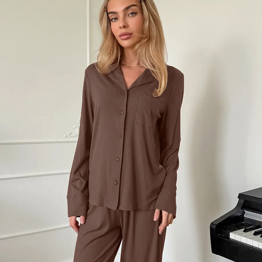 Knitted Pajama Set Long-sleeve Top And Long Pants In Brown