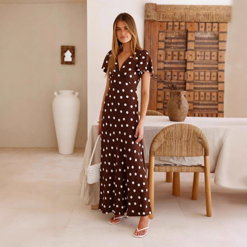 Womens Peplum Dress With Polka-Dot Print And Flared Sleeves