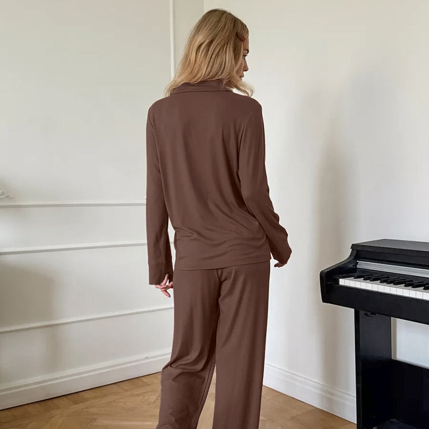 Knitted Pajama Set Long-sleeve Top And Long Pants In Brown