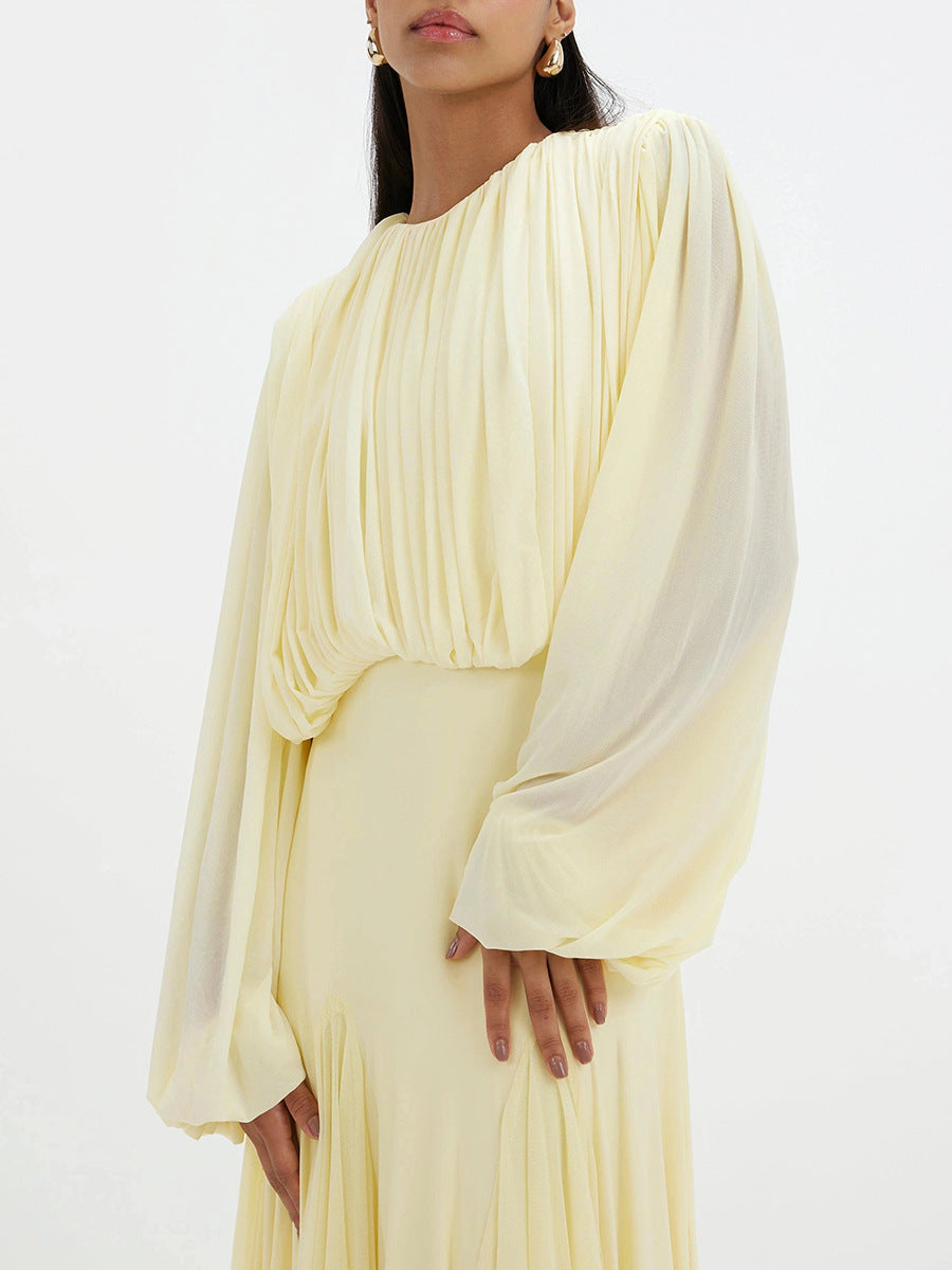 Pleated Waist-cinching Long Dress
