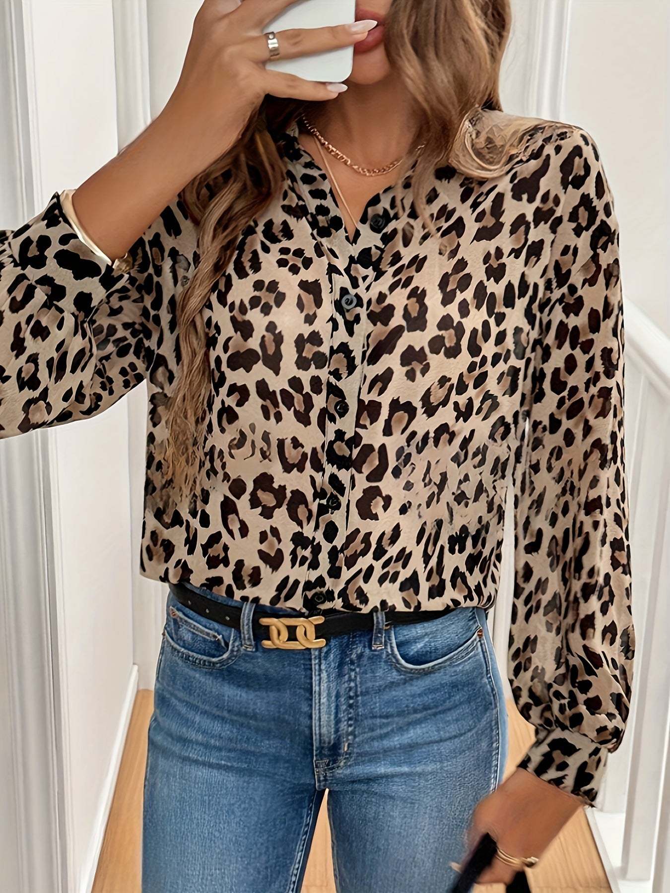Leopard print Long-sleeve Loose-fit Blouse