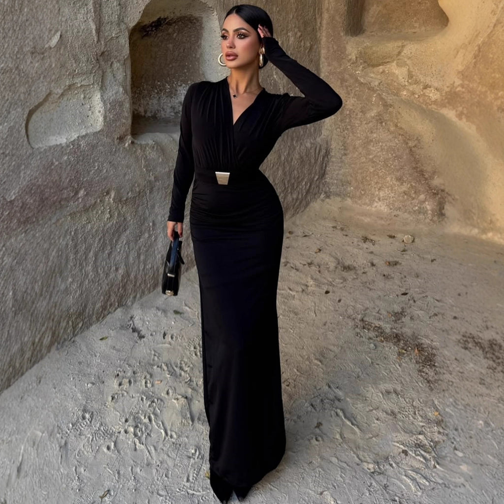 Embellished Belt Deep-V  Autumn Dress