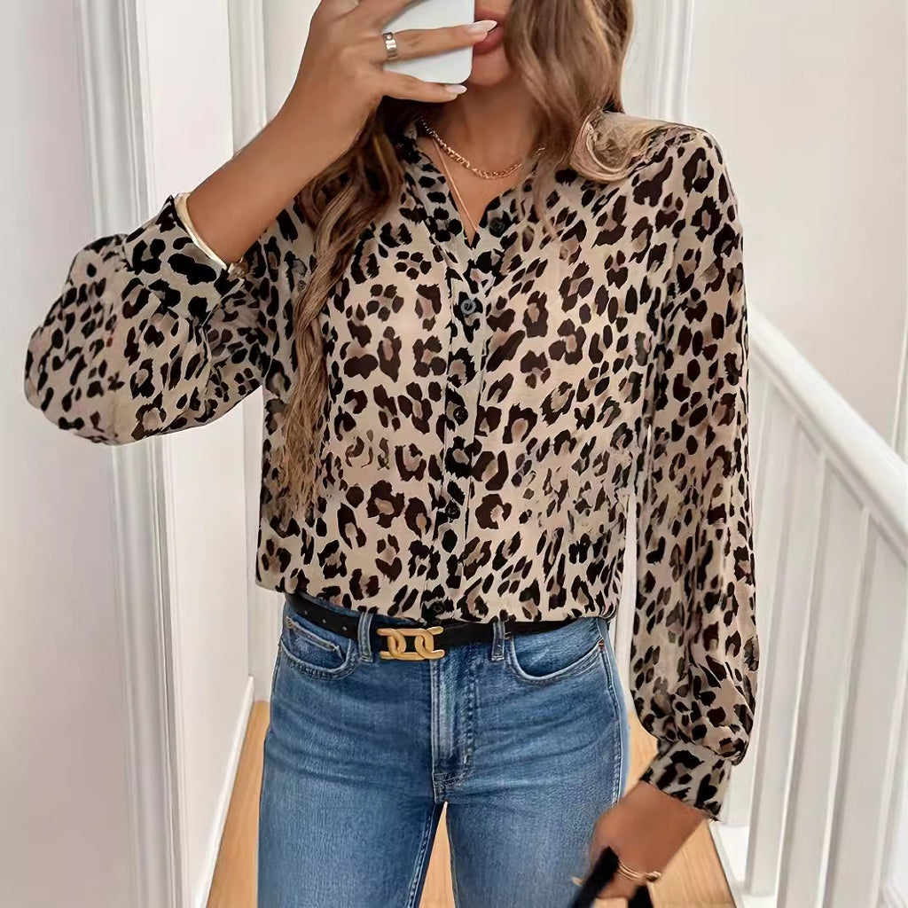Leopard print Long-sleeve Loose-fit Blouse