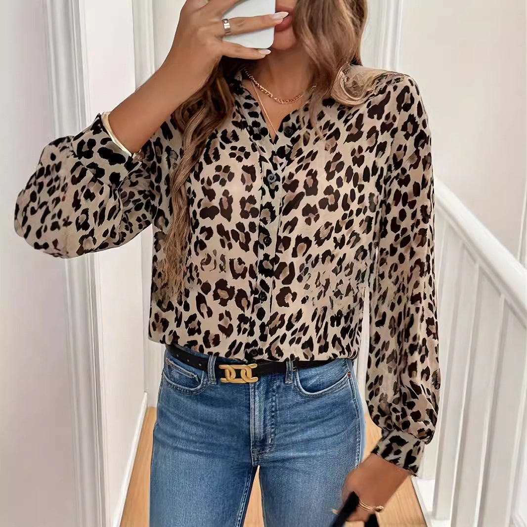 Leopard print Long-sleeve Loose-fit Blouse