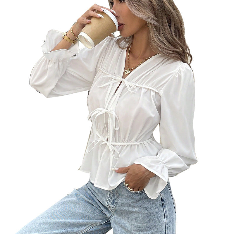 Lace-up Long Sleeve Shirt For Cardigan Top