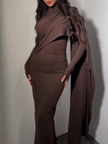 Brown Turtleneck Long-sleeved Slim Dress