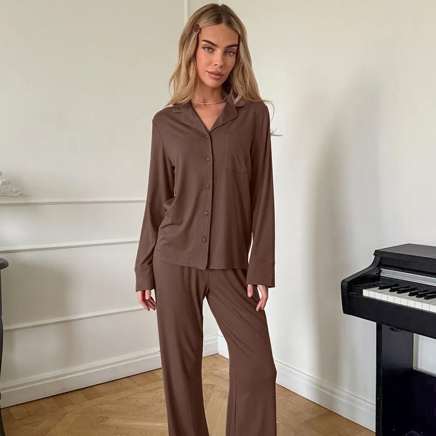 Knitted Pajama Set Long-sleeve Top And Long Pants In Brown