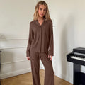 Knitted Pajama Set Long-sleeve Top And Long Pants In Brown