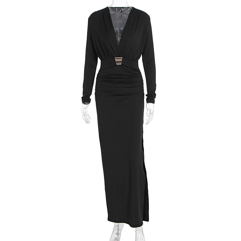 Embellished Belt Deep-V  Autumn Dress