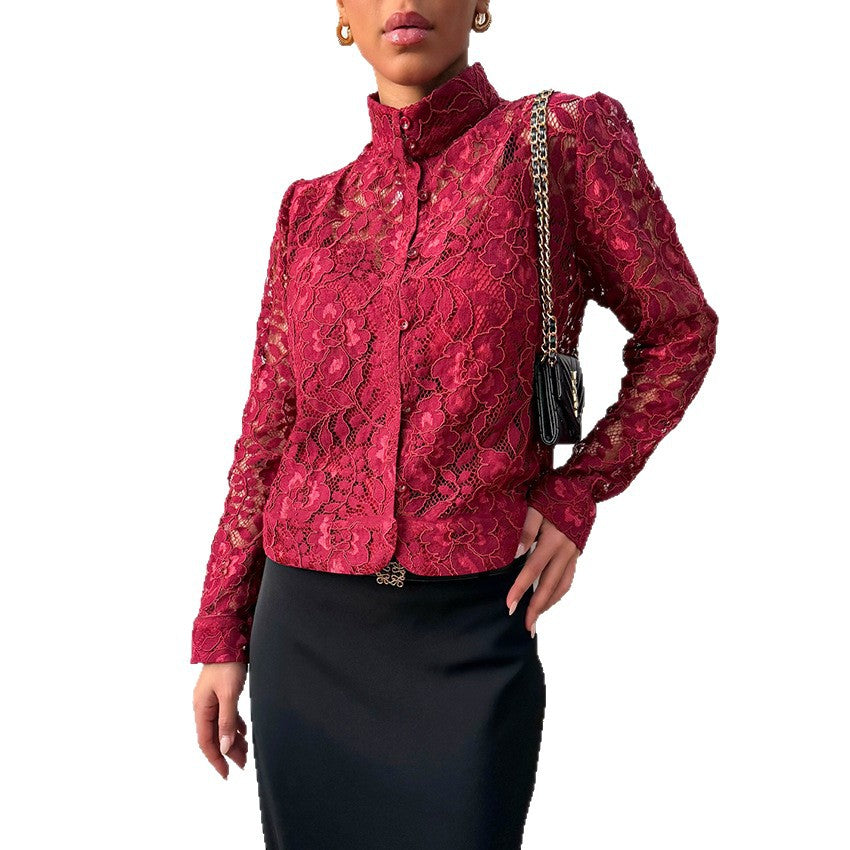 Lace Blouse Cardigan-style Stand-up Collar