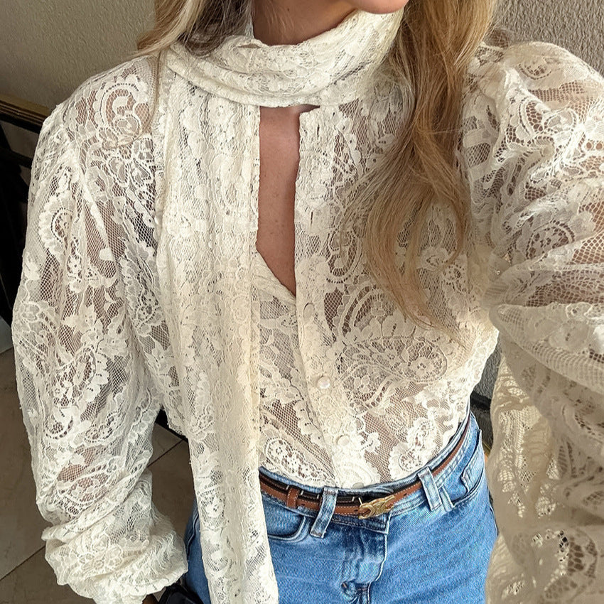 French Ribbon Sheer Lace Blouse